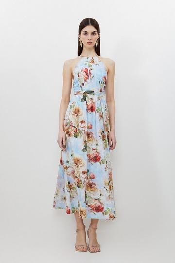 Silk Cotton Rose Print Halter Woven Maxi Dress floral