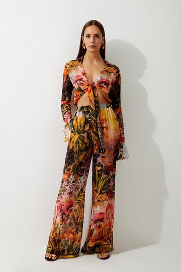 Multi Floral Placed Print Viscose Georgette Beach Trousers