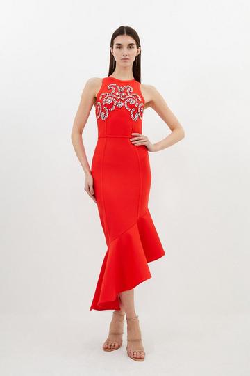 Red Bandage Form Fitting Embellished Knit Midaxi Dress