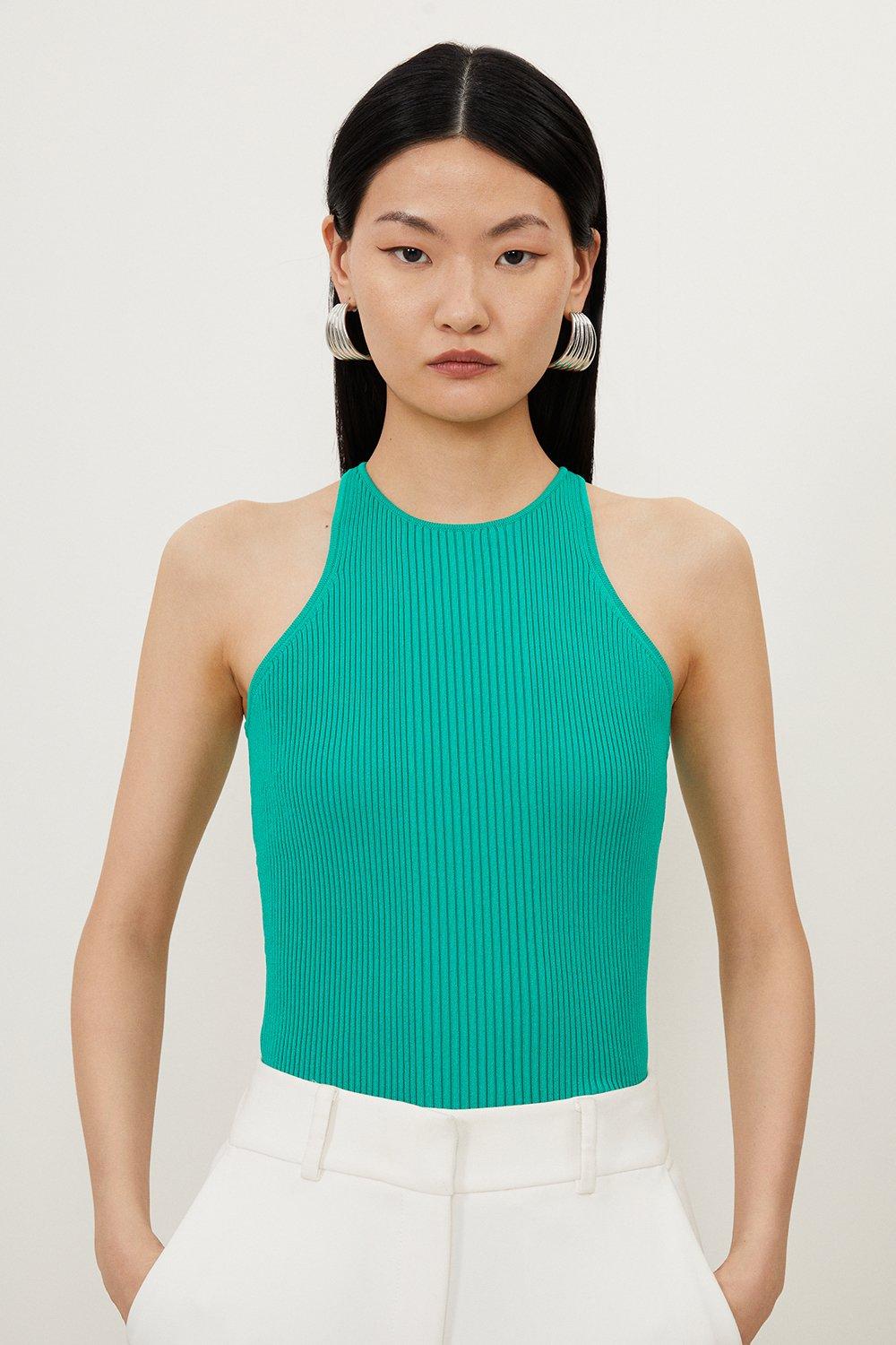 Viscose Blend Rib Knit Racer Vest - Green