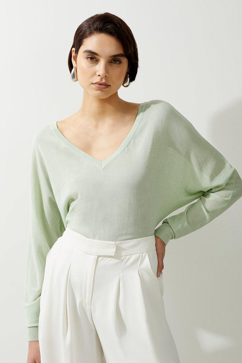 Lightweight Knitted V Neck Long Sleeve Jumper - Sage