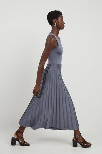 Grey Slinky Knit Pleated Midaxi Dress