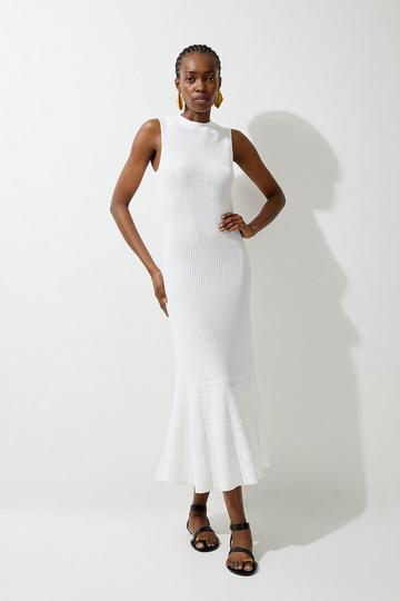 Ivory White Viscose Blend Pointelle Knit Midaxi Dress
