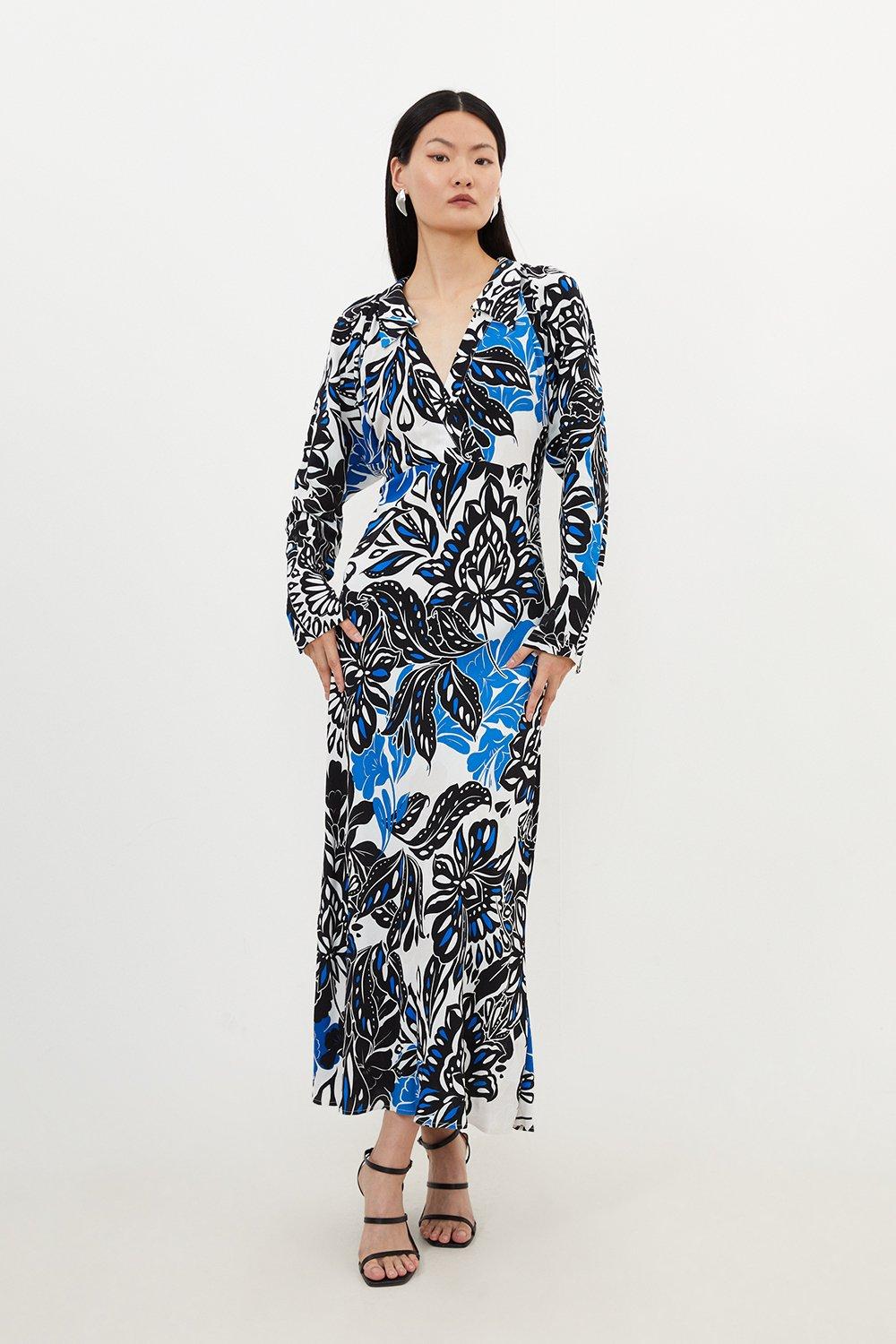 Floral Printed Morocain Woven Collared Maxi Dress - Floral