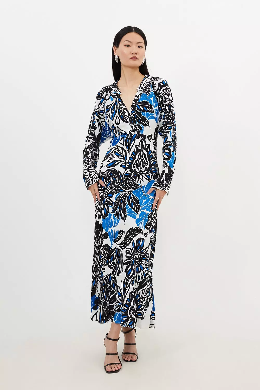 Floral Printed Morocain Woven Collared Midaxi Dress