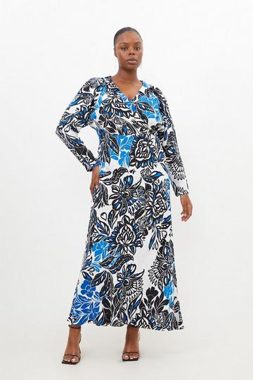 Multi Plus Size Floral Morocain Woven Collared Midaxi Dress