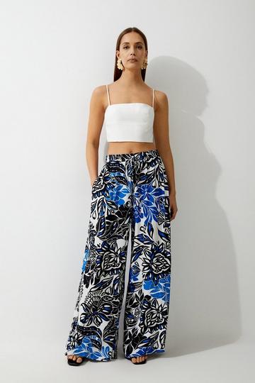 Floral Printed Viscose Crepe Woven Wide Leg Trousers floral