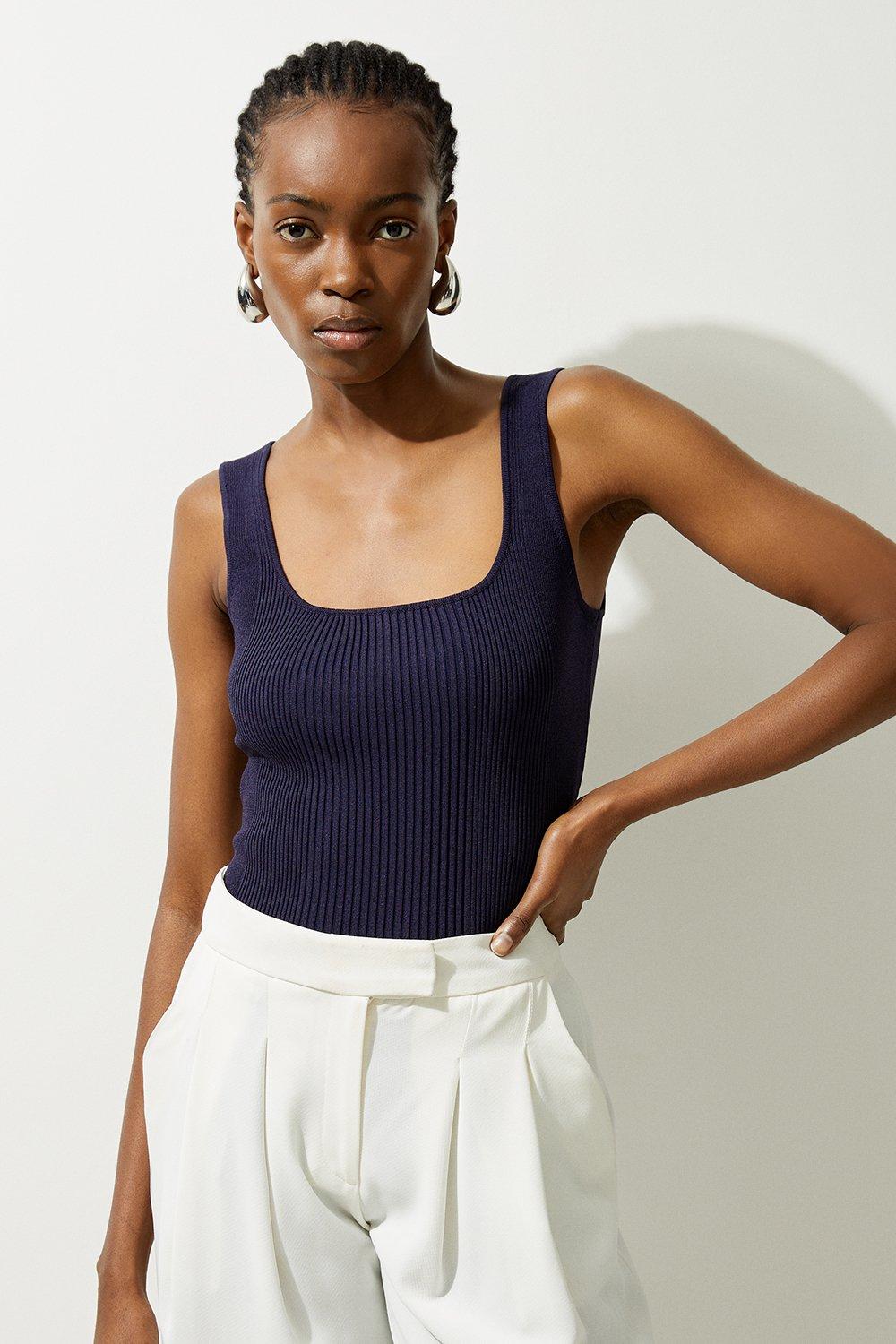 Viscose Blend Rib Knit Square Neck Vest - Navy
