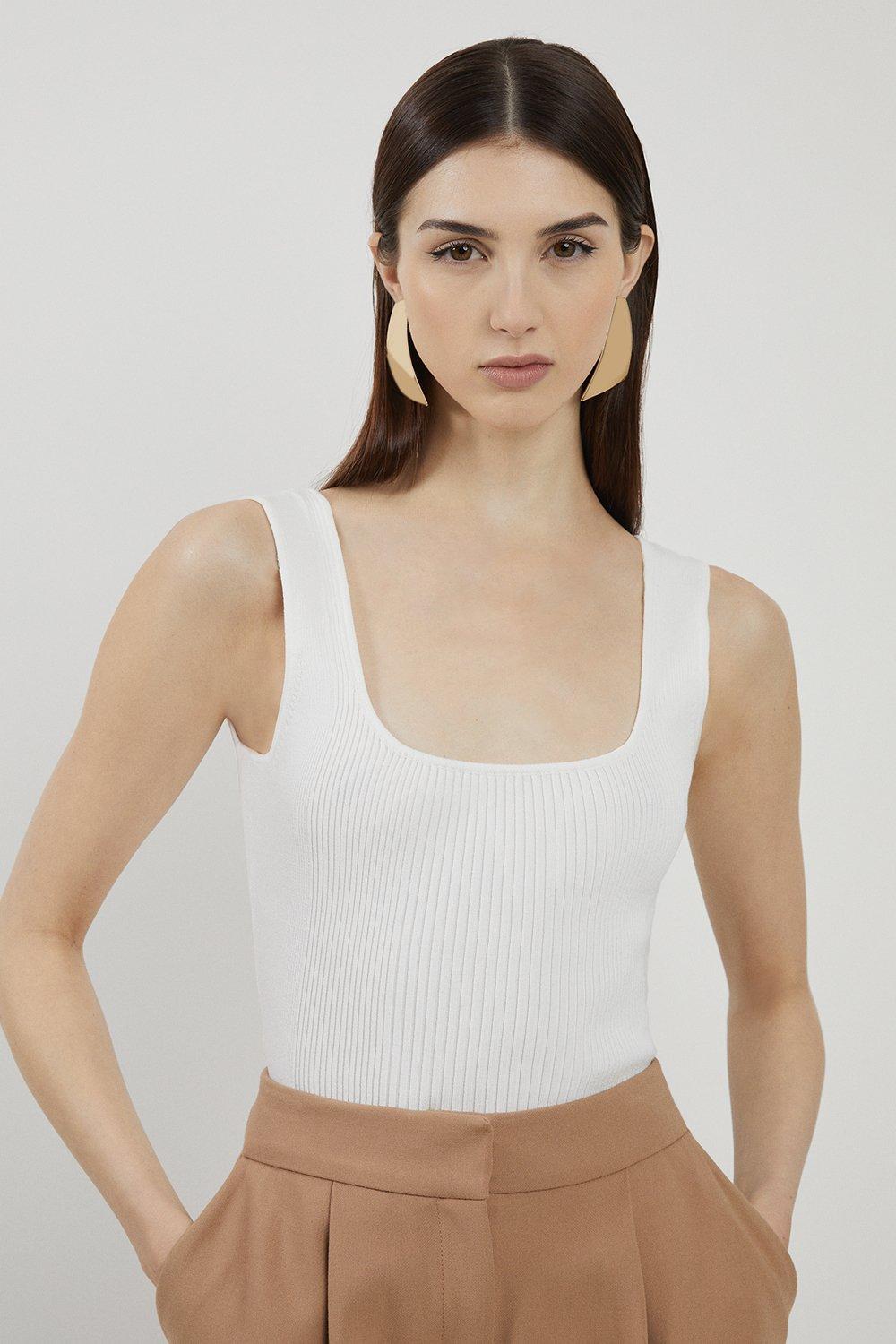 Viscose Blend Rib Knit Square Neck Vest - White