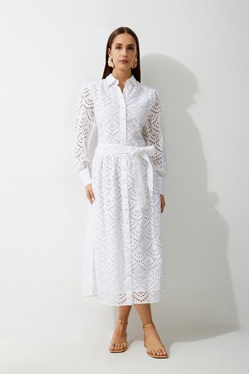 Petite Cotton Broderie Long Sleeve Woven Maxi Dress white