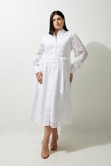 White Plus Size Cotton Broderie Long Sleeve Woven Maxi Dress