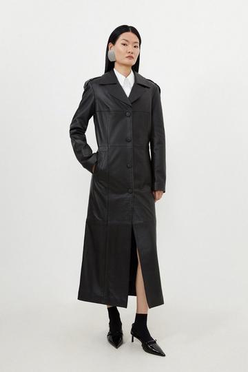 Petite Leather Tailored Midaxi Trench Coat black