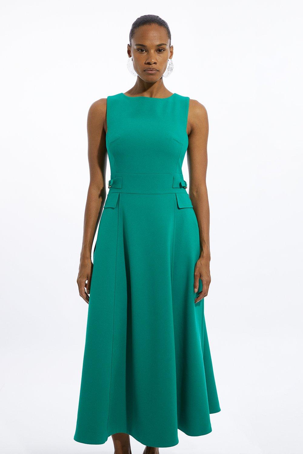 Compact Stretch Tab Waist Detail Full Skirt Midi Dress - Green