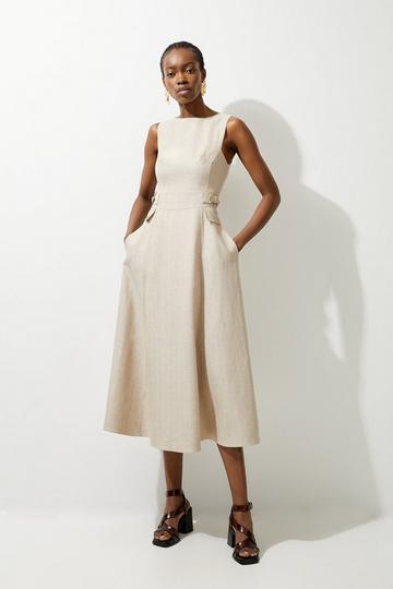 Linen Tab Waist Detail Full Skirt Tailored Midi Dress natural