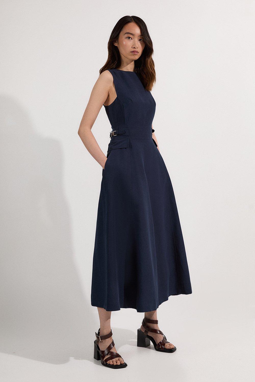 Premium Linen Tab Waist Detail Full Skirt Tailored Midi Dress - Navy