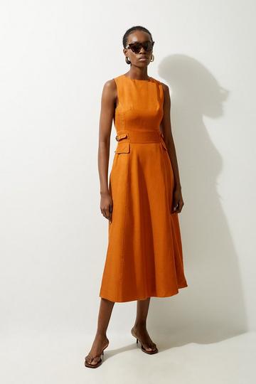 Premium Linen Tab Waist Detail Full Skirt Tailored Midi Dress tan
