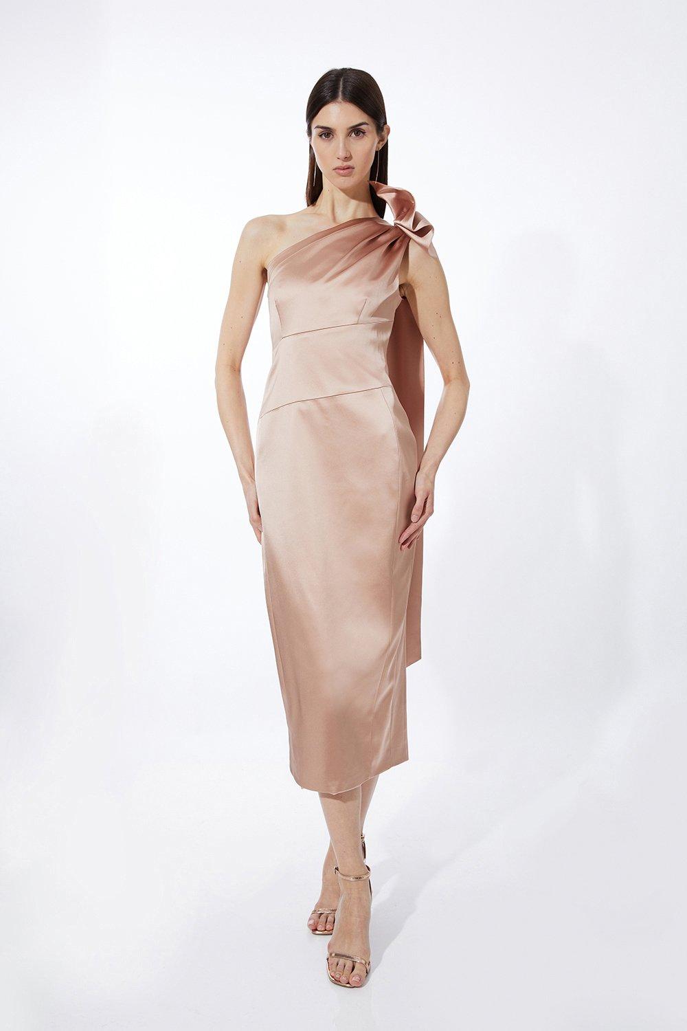 Petite Italian Satin Drape Shoulder Tailored Midi Dress - Champagne