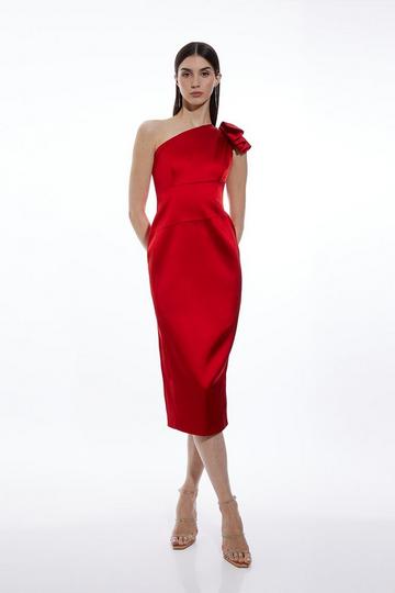 Red Petite Italian Satin Drape Shoulder Tailored Midi Dress