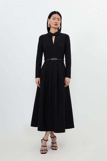 Black Clean Tailored Pleat Detail Full Skirted Shirt Dress