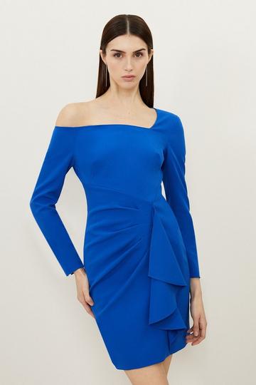 Cobalt Blue Stretch Crepe Asymmetric Neckline Draped Mini Dress