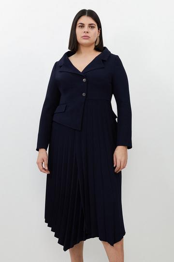 Plus Size Tailored Crepe Asymmetric Pleated Skirt Dress navy