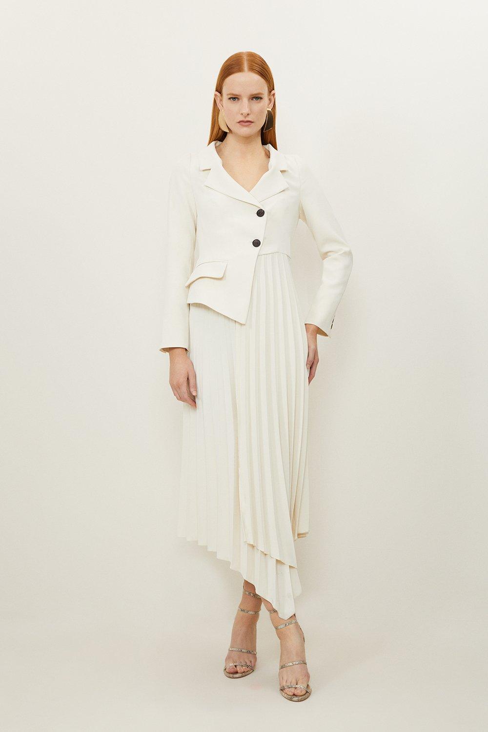 Tailored Crepe Asymmetric Pleated Skirt Blazer Midaxi Dress - Ivory