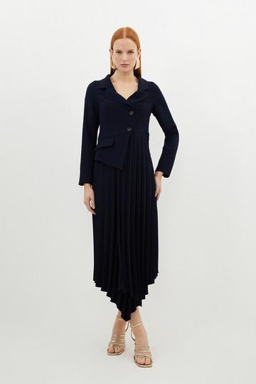 Tailored Crepe Asymmetric Pleated Skirt Blazer Midaxi Dress navy