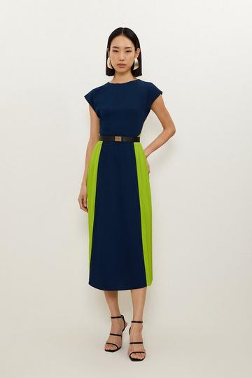 Navy Soft Tailored Contrast Pleated Panel Skirt Midi Dress