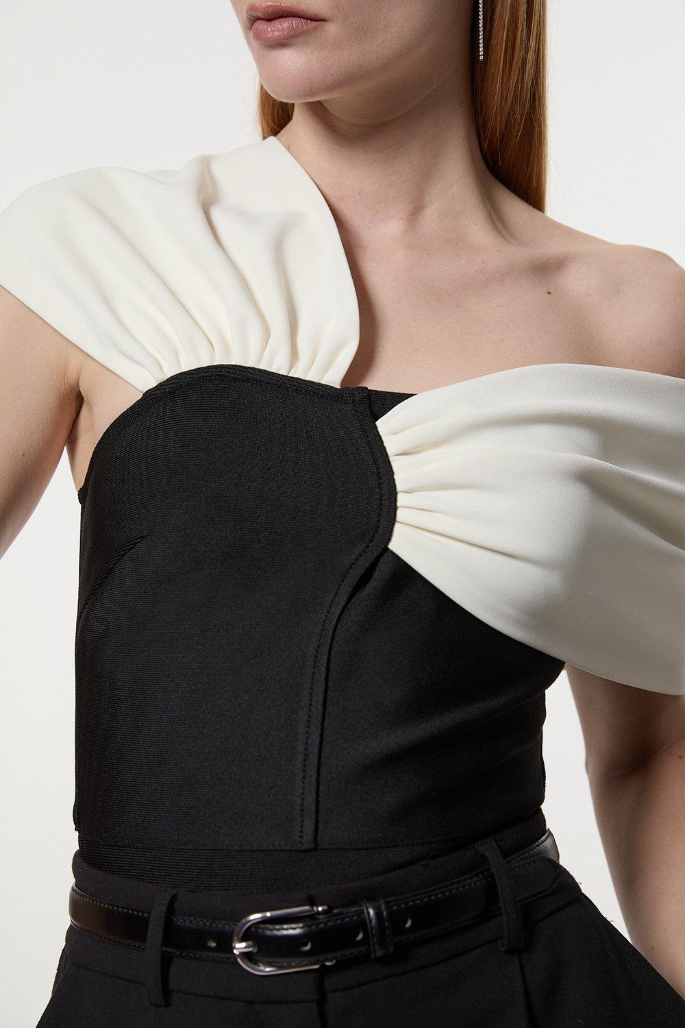 Figure Form Bandage Knit Asymmetric Strap Top - Black