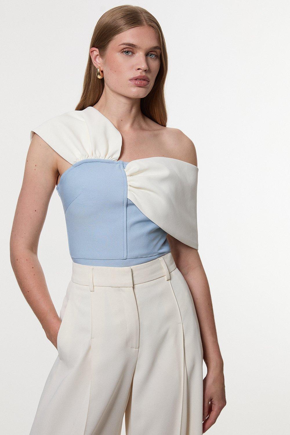Figure Form Bandage Knit Asymmetric Strap Top - Light Blue