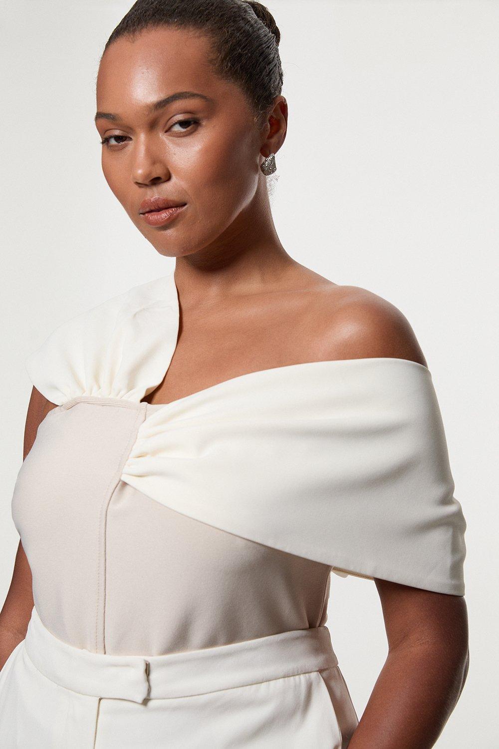 Plus Size Figure Form Bandage Knit Asymmetric Strap Top - Neutral