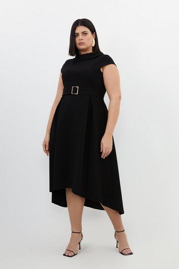 Black Plus Size Structured Crepe Roll Neck Dip Hem Midi Dress