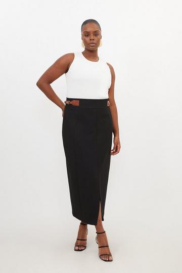 Plus Size Tailored Compact Stretch Tab Detail Midi Skirt black