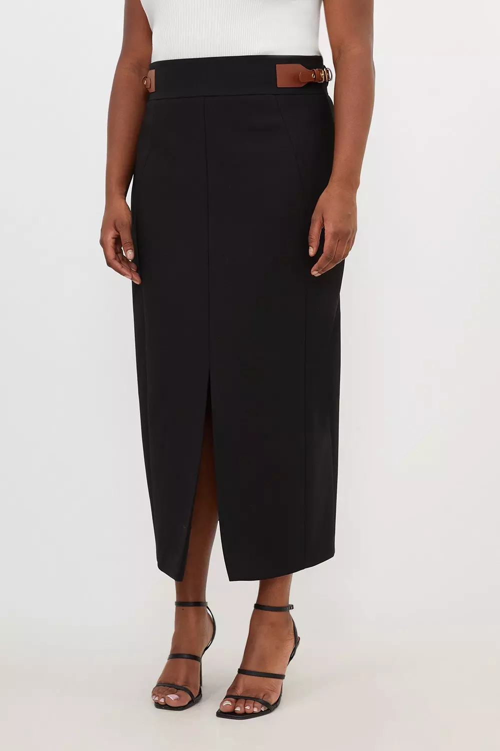 Tailored Compact Stretch Tab Detail Midi Skirt