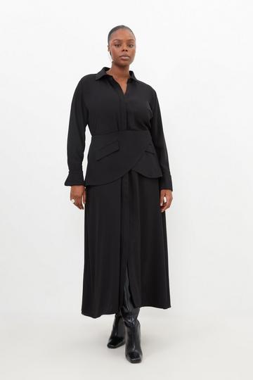 Black Plus Size Soft Tailored Belted Maxi Shirt Dress