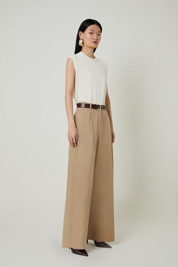 Tencel Cotton Pleated Wide Leg Tailored Trousers tan