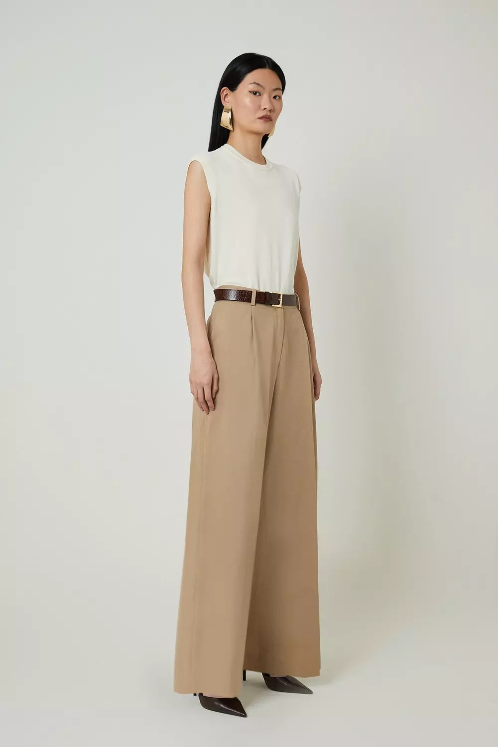 Tencel Cotton Pleated Wide Leg Dress Pants | Karen Millen