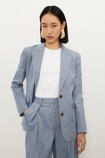 Tailored Denim Look Linen Single Breasted Jacket blue