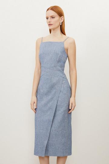 Blue Tall Tailored Denim Look Linen Strappy Pencil Midi Dress