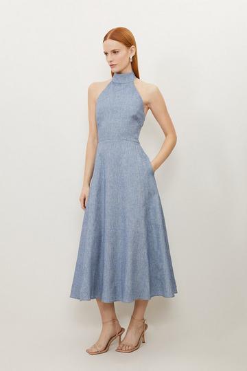 Tailored Denim Look Linen Strappy Full Skirted Midi Dress blue