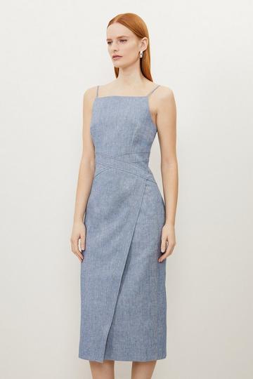 Blue Tailored Denim Look Linen Strappy Pencil Midi Dress