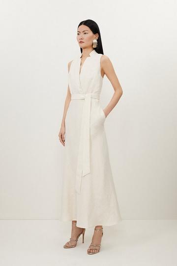 Petite Tailored Linen Lurex Notch Neck Maxi Dress ivory