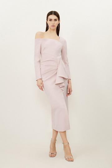 Pink Petite Stretch Crepe Asymmetric Neckline Draped Maxi Dress