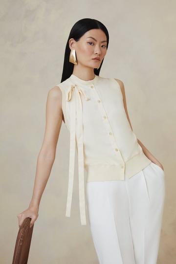 The Founder Linen Blend Satin Bow Detail Knit Vest cream