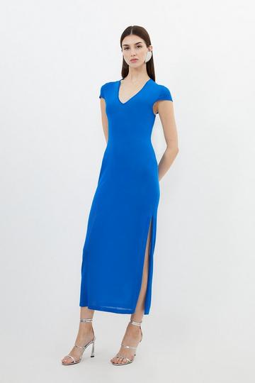Cobalt Blue V Neck Cap Sleeve Summer Knit Column Dress