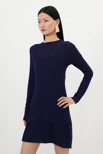 Rib Knitted 2 In 1 Dress With Georgette Pleated Slip navy