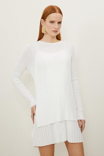 Rib Knitted 2 In 1 Dress With Georgette Pleated Slip white