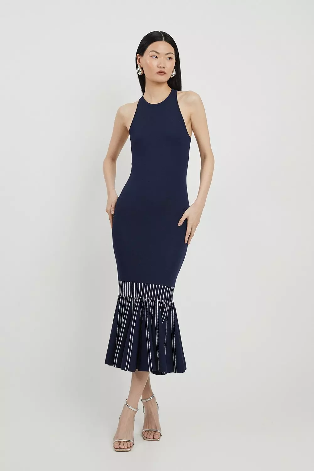 Viscose Blend Knit Racer Dress With Peplum Hem Karen Millen