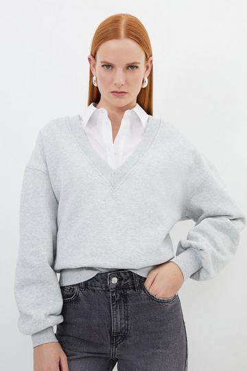 Cotton Fleece Jersey V Neck Sweatshirt grey marl