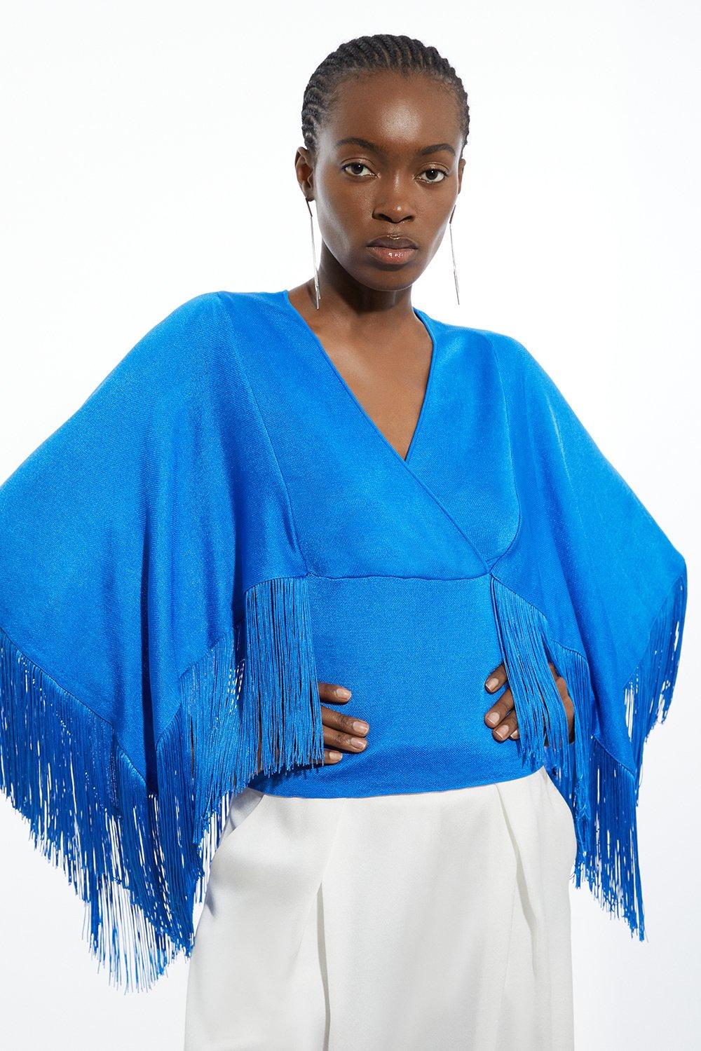 Viscose Blend Slinky Knit Kimono Tassel Top - Blue